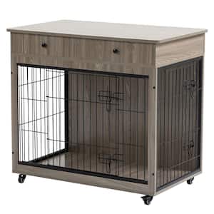 31.7 in. Gray Chew-Proof Dog Crate Furniture, Wooden Dog House, Decorative Dog Kennel with Drawer and Wheels