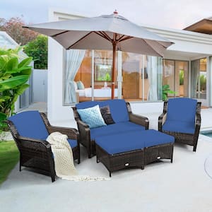 5-Pieces Wicker Outdoor Sectional Set Patio Conversation Set Loveseat Sofa Ottoman with Navy Cushions