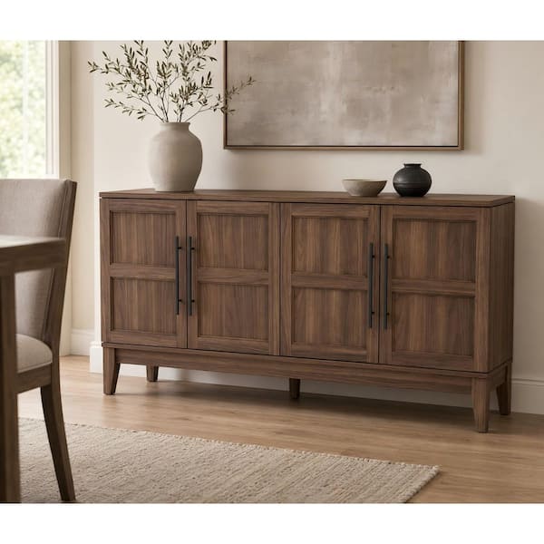 Ambi Light Walnut Grain MDF 60 in. W Buffet with 4-Door Storage and Black Handles