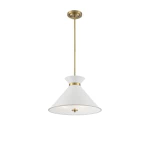 Lamar 18 in. W x 11 in. H 3-Light White with Warm Brass Accents Shaded Pendant Light with Glass Shade