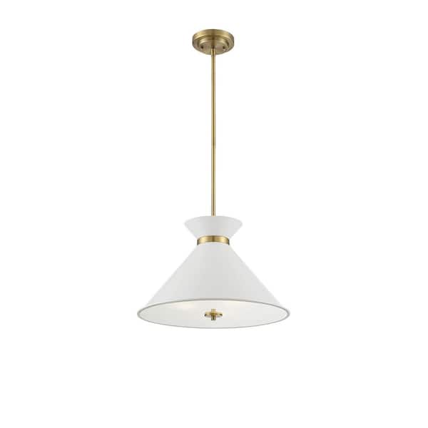 Savoy House Lamar 18 in. W x 11 in. H 3-Light White with Warm Brass Accents Shaded Pendant Light with Glass Shade