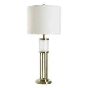 34.25 in. Antique Brass, Frosted White, White Cage Task and Reading Table Lamp for Living Room with White Linen Shade