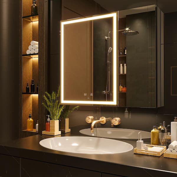 KWW 30 in. W x 28 in. H Large Rectangular Silver Surface Mount Double Doors LED Lighted Medicine Cabinet with Mirror