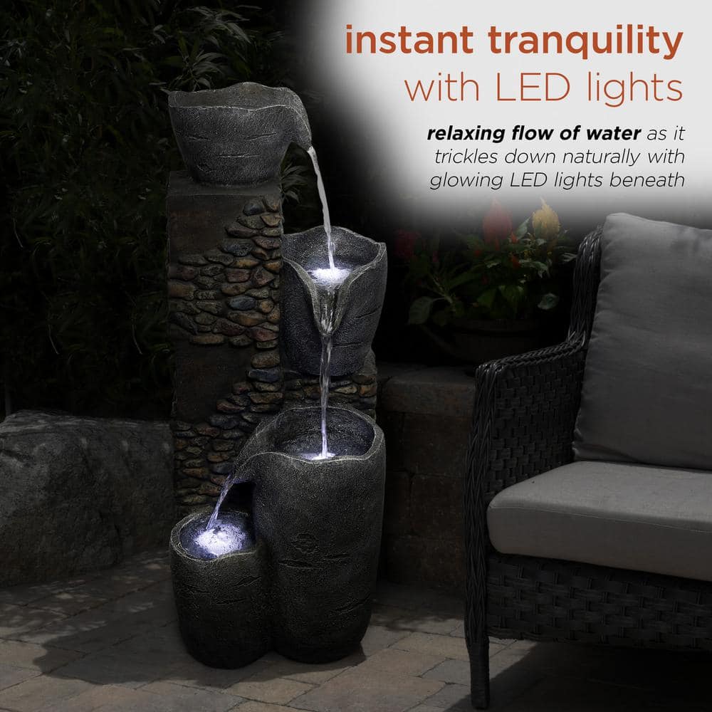 42" Gray Polyresin 4-Tier Outdoor Fountain with LED Lights