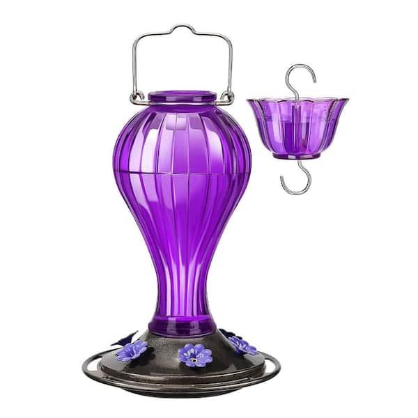 Purple Finish Hanging Glass Hummingbird Feeder 24 fl. oz. Nectar Feeder with 6 Metal Feeding Ports, Perches and Ant Moat