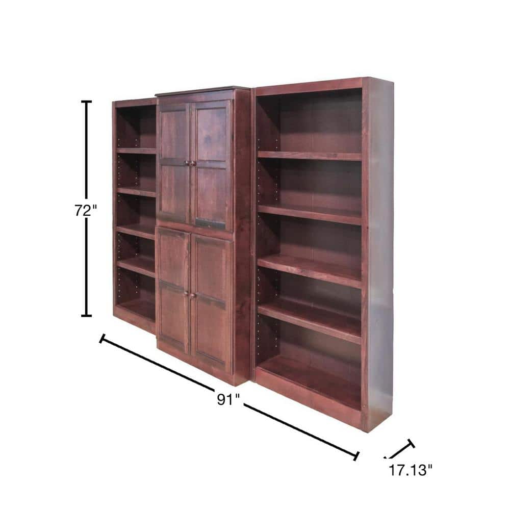 Cherry Finish Tall Wood Bookcase Wall with Adjustable Shelves and Doors