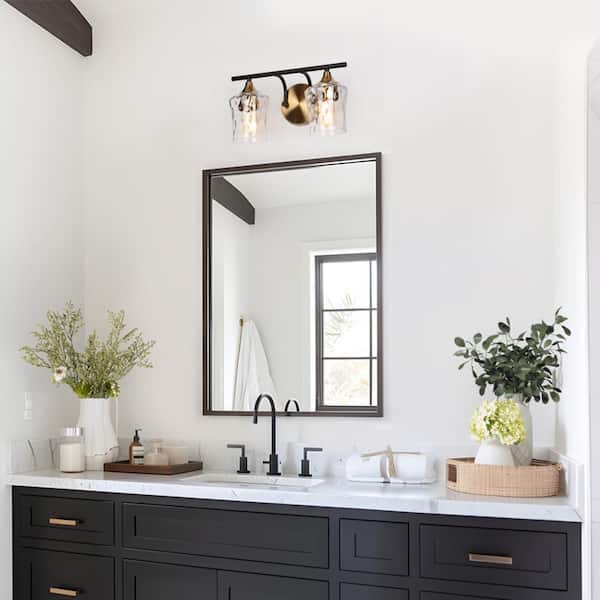 Jallie 14 in. Modern 2-Light Black Wall Sconce Brass Gold Transitional Bath Lighting Water Glass Bathroom Vanity Light