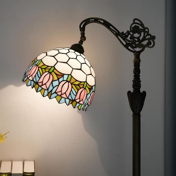 Lasaideal 63 in. Tiffany Style Bronze Finish 1-Light Standard Floor Lamp with Multi-Colored Tulip Stained Glass Lamp Shade