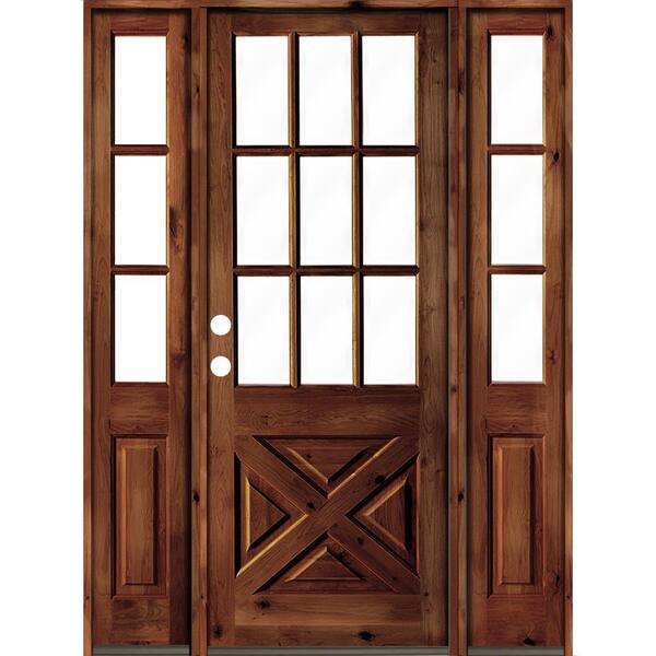 Krosswood Doors 60 in. x 96 in. Alder 2 Panel Right-Hand/Inswing Clear Glass Red Chestnut Stain Wood Prehung Front Door w/Sidelites