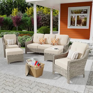 Freddie 5-Piece Wicker Outdoor Patio Conversation Seating Sofa Set with Beige Cushions