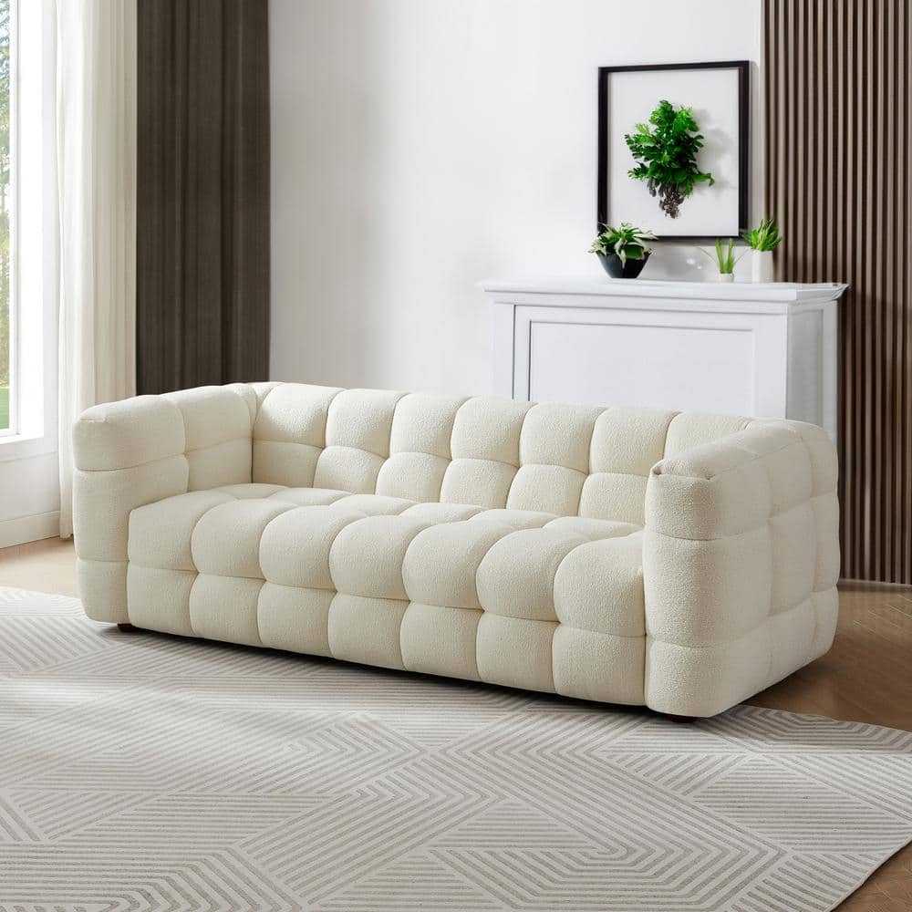 Mid-Century Modern White Tufted Microfiber Sofa with Wood Base