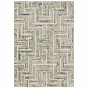 3' X 5' Ivory Beige Grey Brown Pale Blue And Charcoal Geometric Power Loom Stain Resistant Area Rug