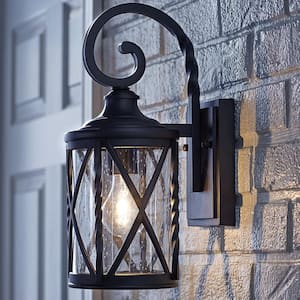 14.5 in. 1-Light Black 14.5 in. Outdoor Wall Lantern Sconce with Seeded Glass