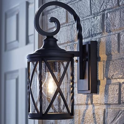 1-Light Black 14.5 in. Outdoor Wall Lantern Sconce with Seeded Glass