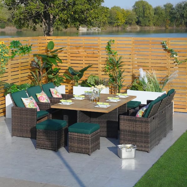 moda furnishings Penny Brown 11-Piece Wicker Outdoor Dining Set with Washed Green Cushion