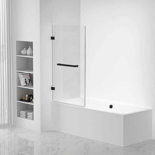 FINE FIXTURES 28 in. W x 58 in. H Fixed Tub Door Frameless in Black Finish with Tempered Clear Glass
