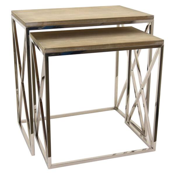 THREE HANDS 23.5 in. x 15 in. Silver Metal and Wood Tables (Set of 2)