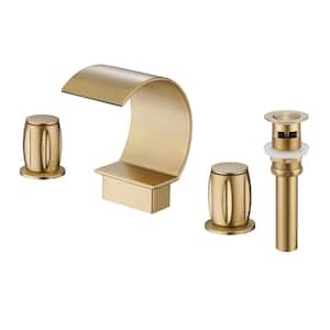 8 in. Widespread 2-Handle Waterfall Spout Arc Bathroom Sink Faucet in Brushed Gold