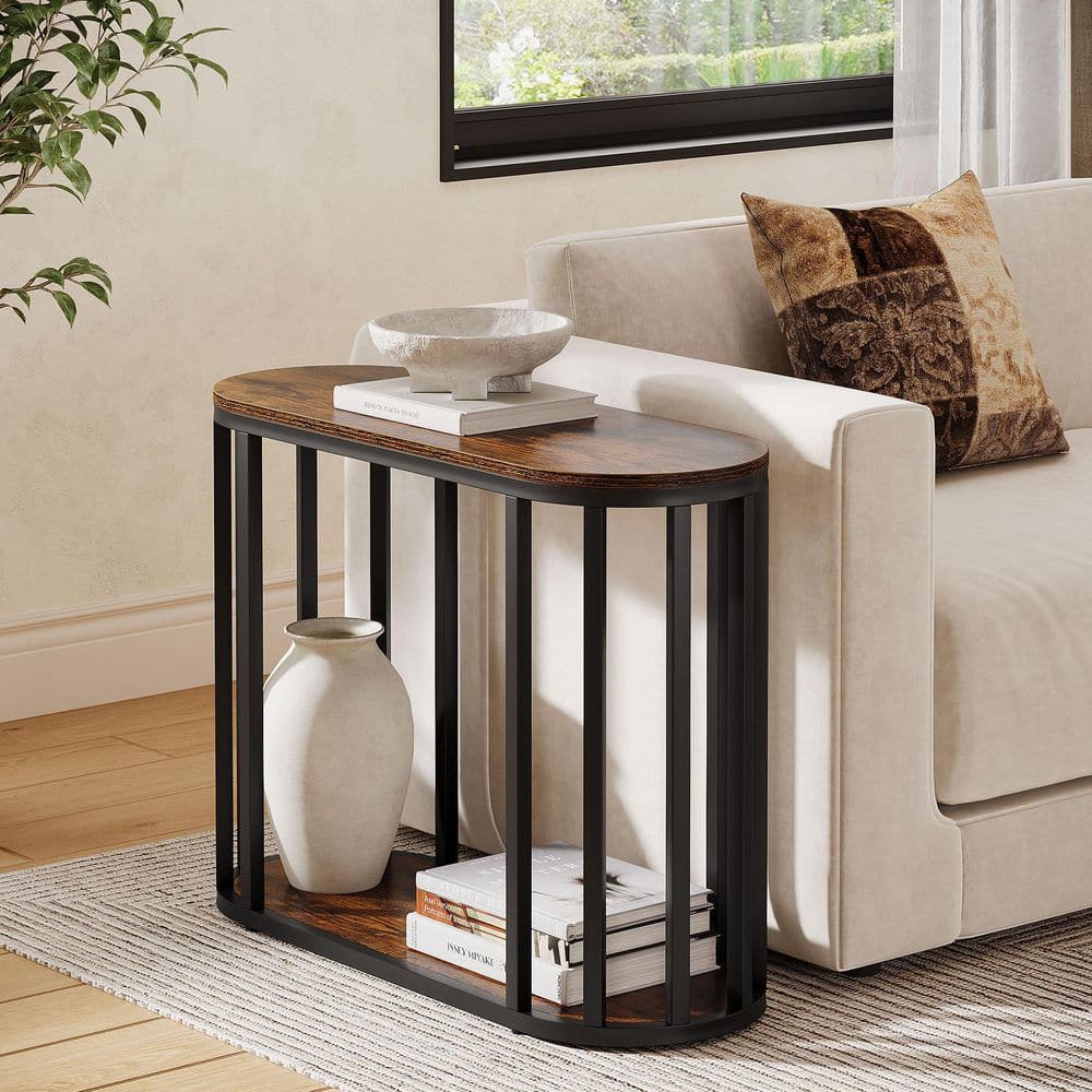 Kerlin 31.5 in. Rustic Brown Oval MDF Side Table with Black Frame, Large End Table for Living Room, Bedroom