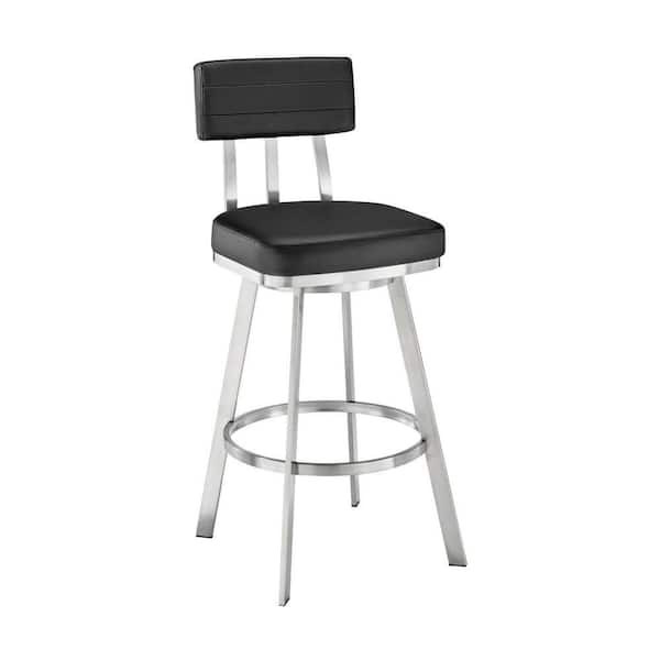 Benjara 26 in. Silver and Black Low Back Metal Frame Counter Stool with Faux Leather Seat