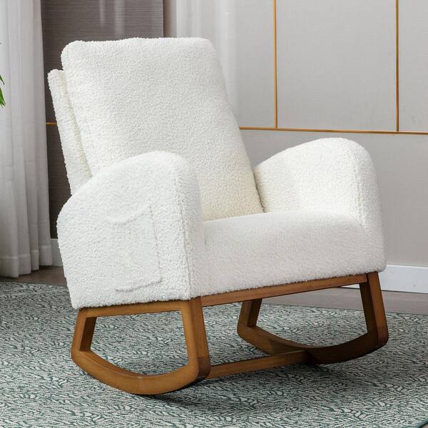 HOMEFUN Modern White Teddy Solid Wood Frame Rocking Chair Nursery Chair with High Back and Side Pocket