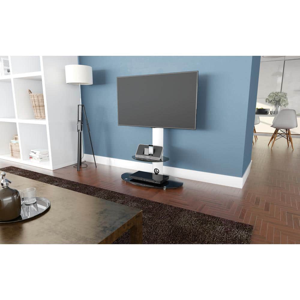 Satin White Metal TV Floor Stand with Black Glass Shelves