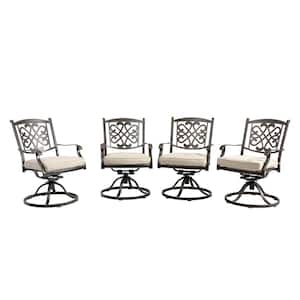 Set of 4-Cast Aluminum Outdoor Backrest Dining Chair Swivel Chairs with Beige Cushions