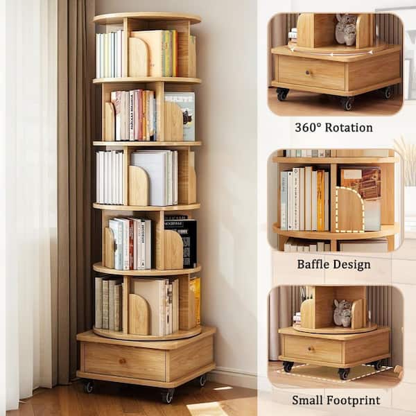 Ronald 360° Rotating 68.11 in. Tall Natural MDF 6-Shelf Corner Bookcase with Wheels and Drawer