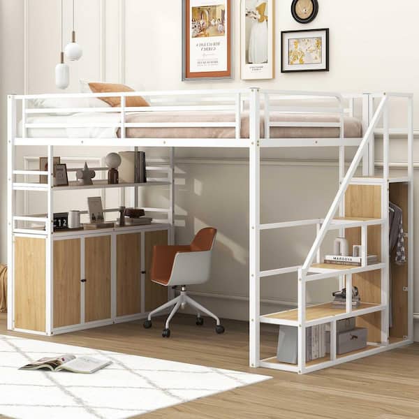 White/Natural Full Size Wood Loft Bed with Storage Staircase and Wardrobe, Shelves and Lockers
