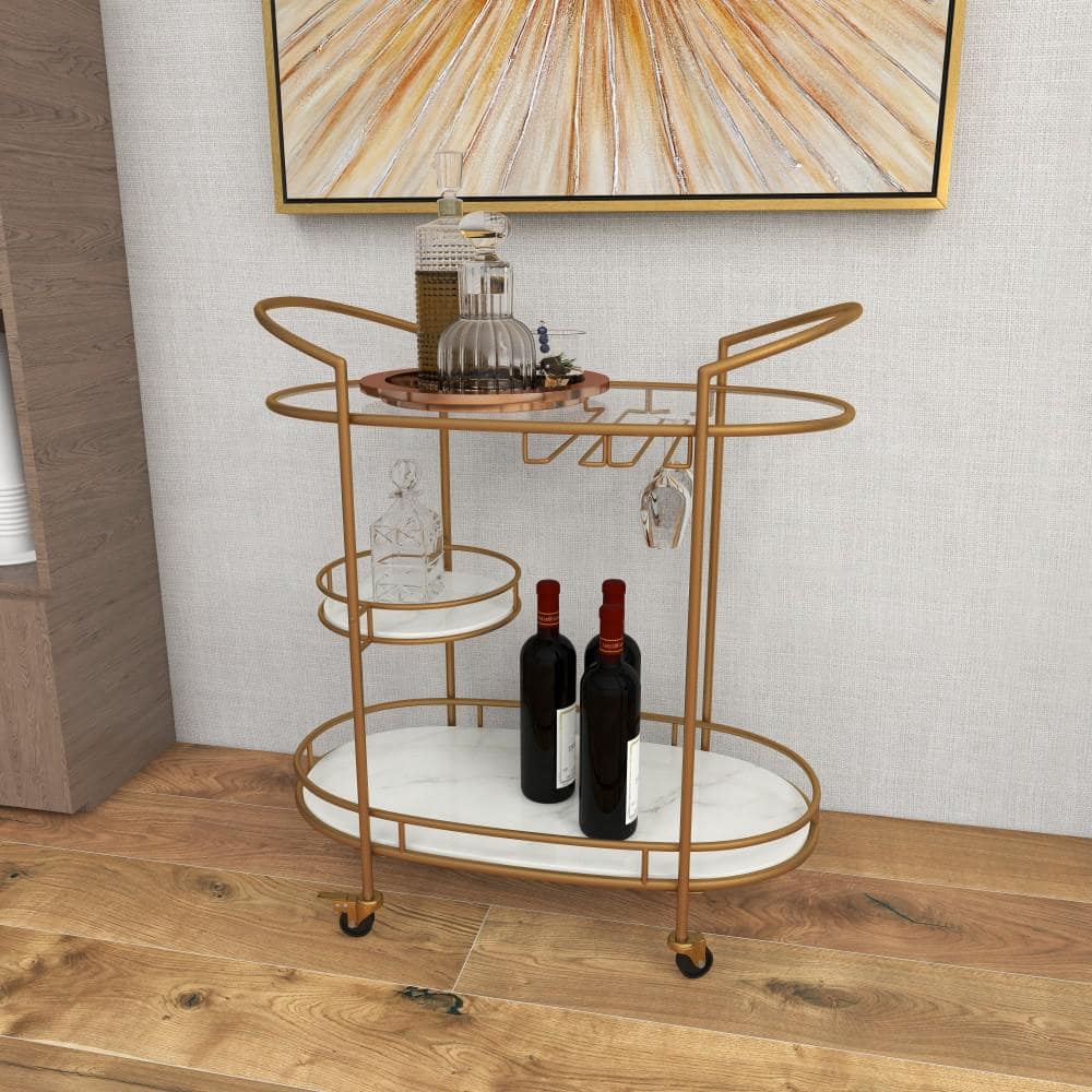 Elegant Gold Oval 3-Tier Marble and Glass Bar Cart with Wheels