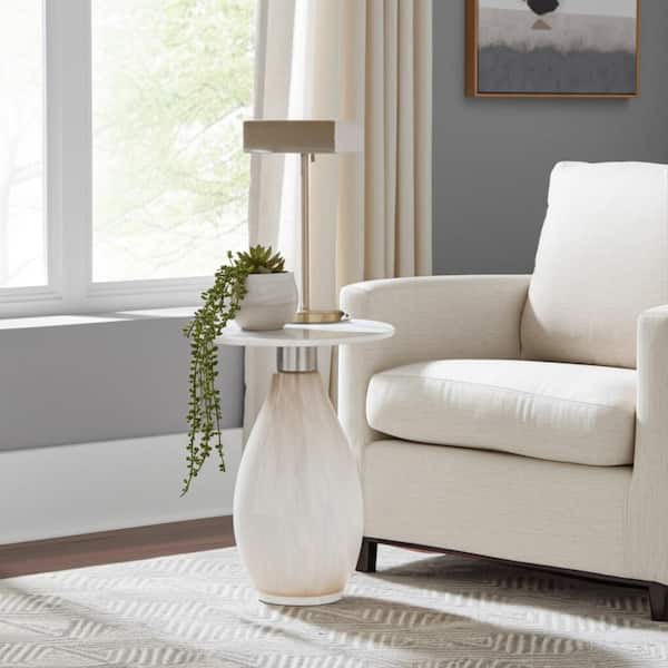 18 in. White Round Marble Top Tall Art Glass Base End Table