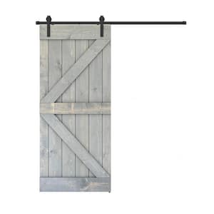K Series 28 in. x 84 in. Fully Set Up Made-In-USA Weather Grey Finished Pine Wood Sliding Barn Door With Hardware Kit
