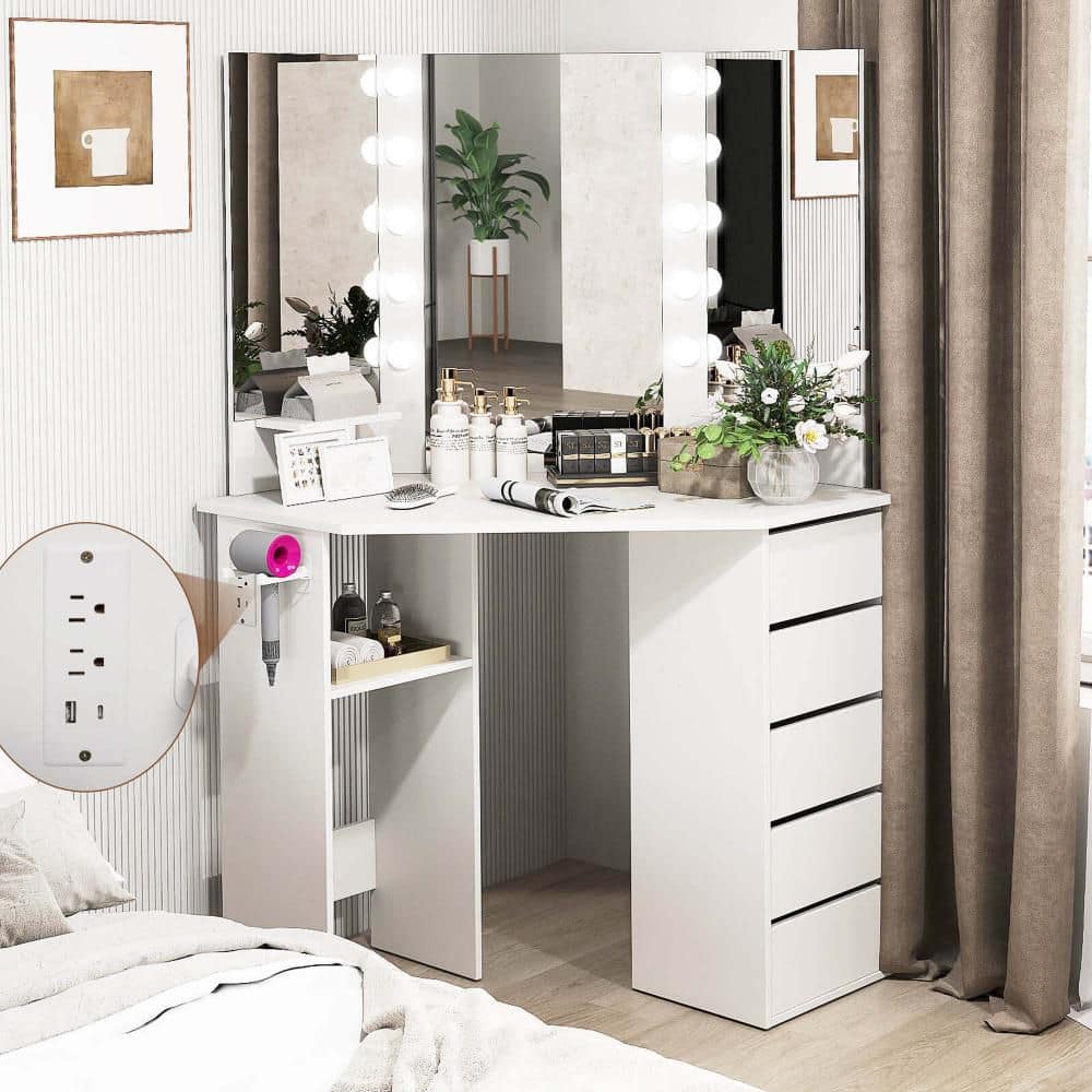 1-Piece White Corner Makeup Vanity Desk Cosmetic Vanity Station with LED Mirror and Power Outlets - thumbnail 2