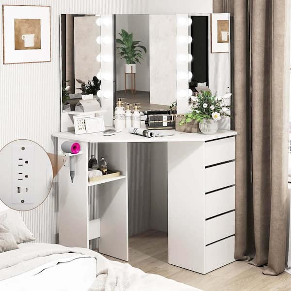 1-Piece White Corner Makeup Vanity Desk Cosmetic Vanity Station with LED Mirror and Power Outlets