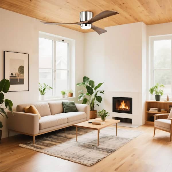 Stela 52 in. Brushed Nickel Walnut Flush Mount Standard Ceiling Fan with Dimmable LED with Remote Included DC Motor