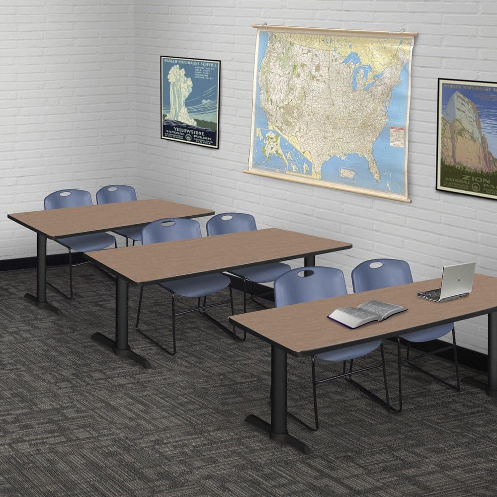 Cain 72 in x 24 in. Noble Oak T-Base Training Seminar Table Desk & 2 Zeng Stack Chairs-Blue