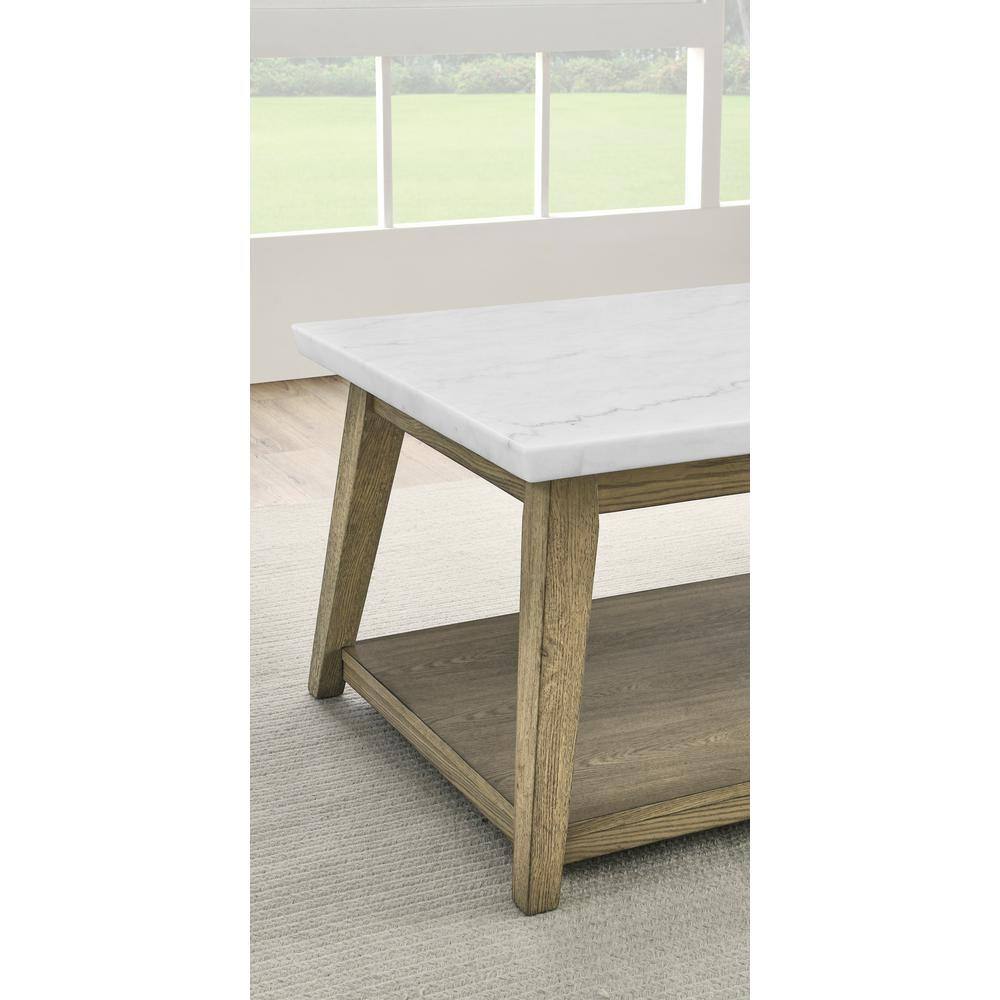 Blonde Wood and White Marble Rectangular Coffee Table with Casters