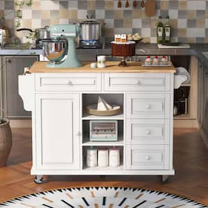Rolling White Rubber Wood Desktop 53 in. Kitchen Island with Adjust Shelves and Wheels