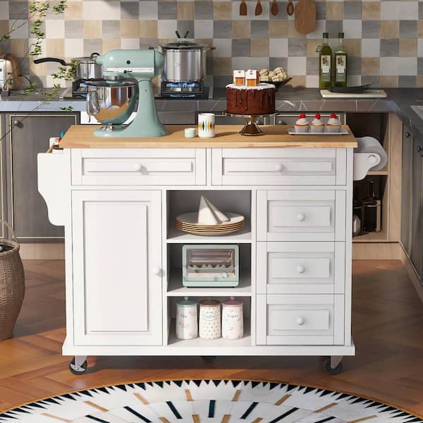 FAMYYT Rolling White Rubber Wood Desktop 53 in. Kitchen Island with Adjust Shelves and Wheels