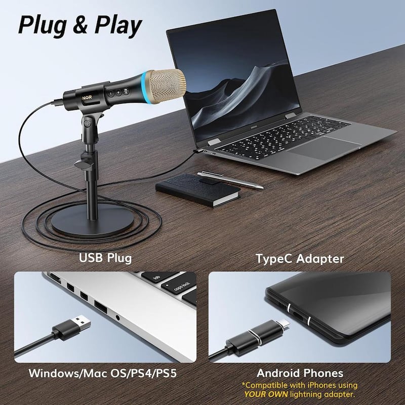 USB Dynamic Microphone for Podcast Gaming Mic with RGB for Recording with Quick Mute and Stand