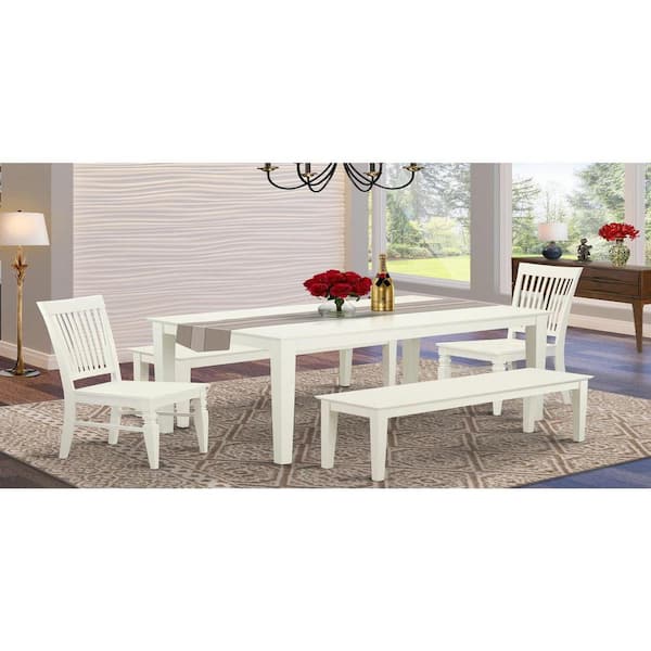 East West Furniture 5-Piece Rectangle Linen White Finish Solid Wood Top Dining Table with 2 Benches, 2 Chairs with Lattice Back