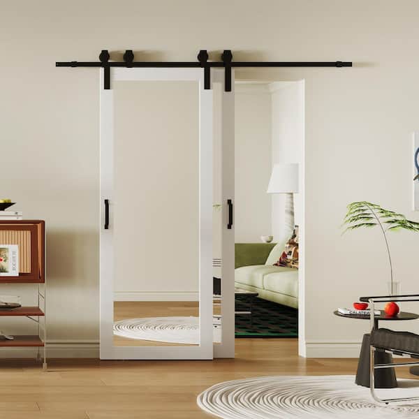 56 in. x 84 in. Mirrored Glass, White, MDF, Bypass Double Pre-Assembled Panel Sliding Barn Door with Hardware Kit