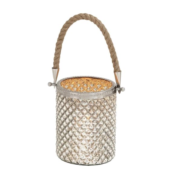 Litton Lane 13 in. H Silver Glass Handmade Decorative Candle Lantern with Rope Handle