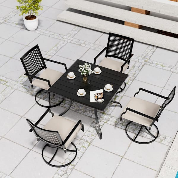 5-Piece Black Metal Outdoor Dining Set with Beige Cushions and Swivel Dining Chair
