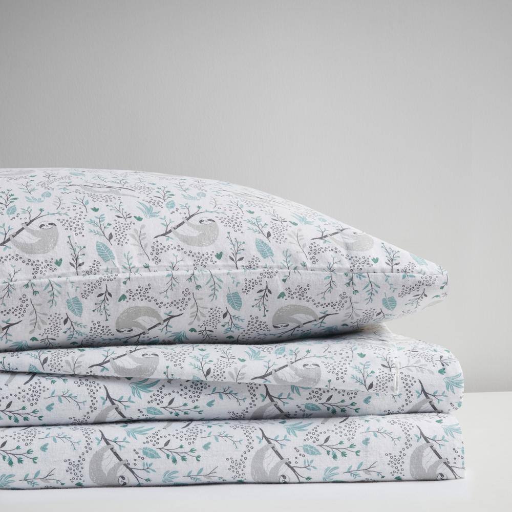 Gray Sloth Print Twin Cotton Flannel Sheet Set