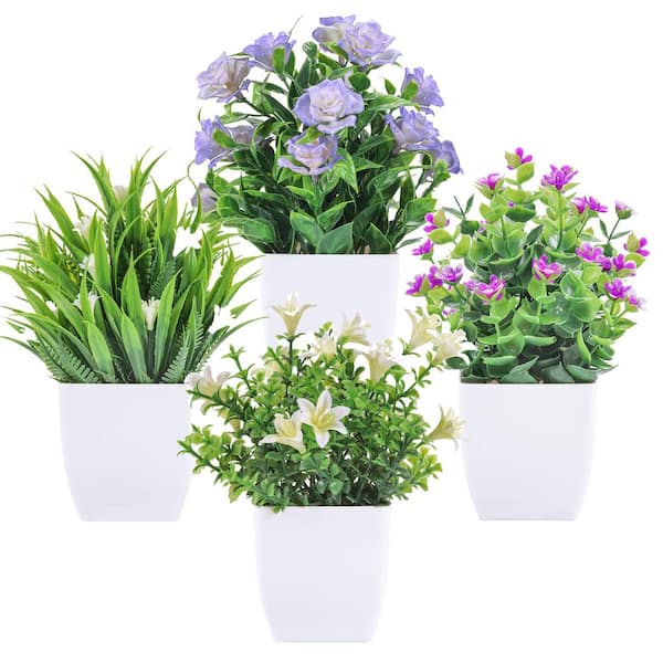 4 Pack 3.54 in. Small Artificial Faux Plants with Flowers for Indoor Home Bathroom Decor