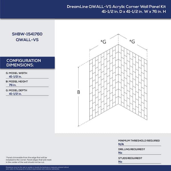 QWALL-VS 41.5 in. W x 76 in. H x 41.5 in. D 2-Piece Glue-Up Acrylic Corner Shower Backwalls in White