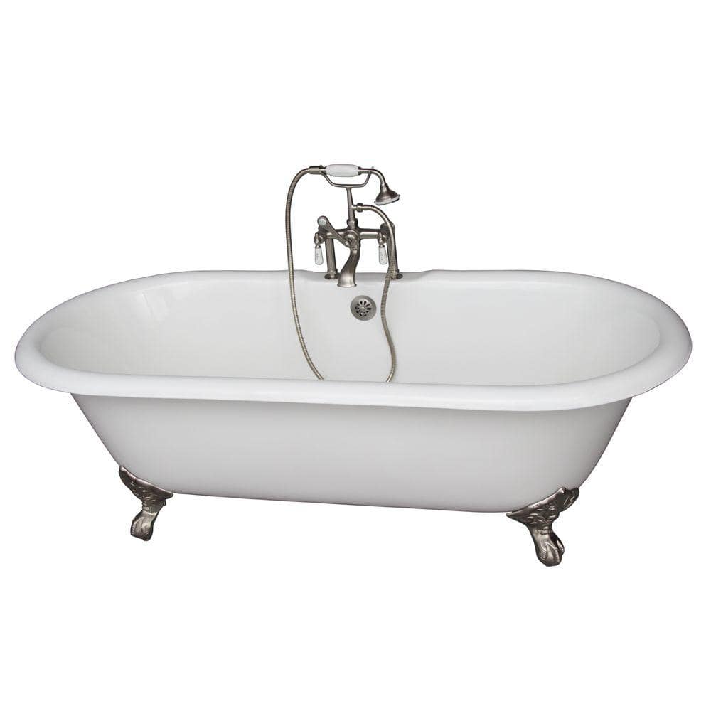 Barclay Products 5.6 ft. Cast Iron Imperial Feet Double Roll Top Tub in White with Brushed Nickel Accessories