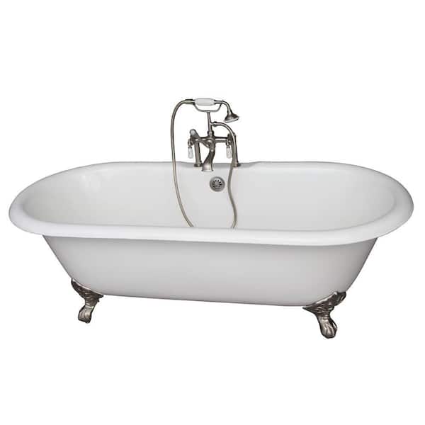 Barclay Products 5.6 ft. Cast Iron Imperial Feet Double Roll Top Tub in White with Brushed Nickel Accessories