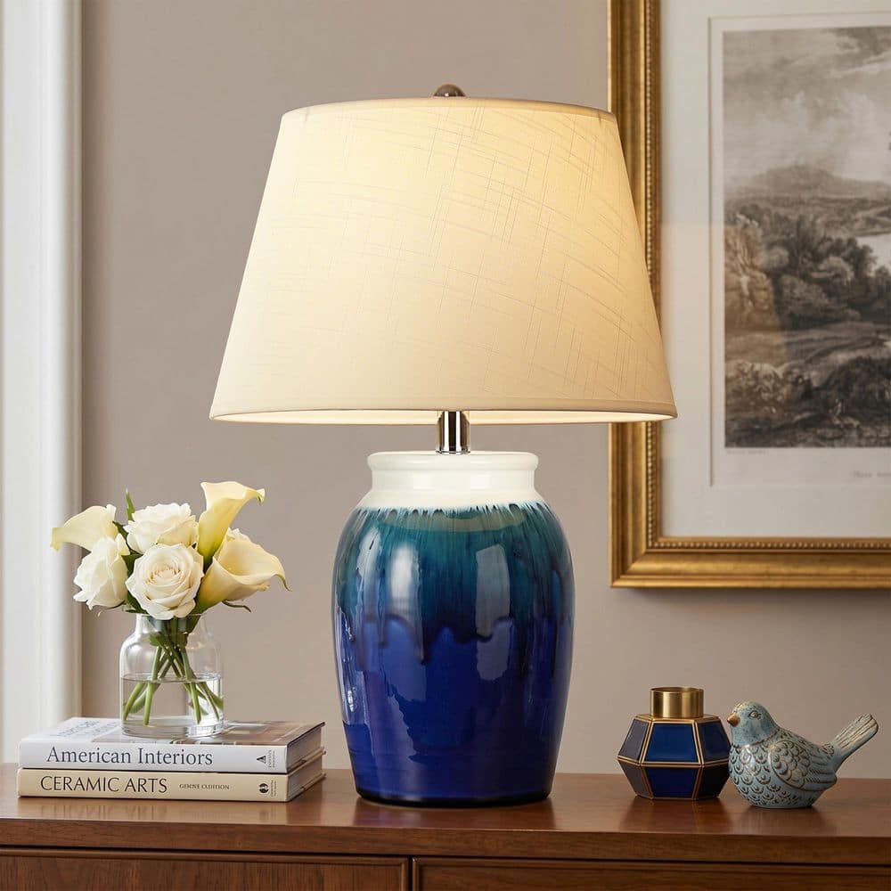 "24.75"" Coastal Dark Blue Gradient Ceramic Table Lamp, 3-Color Temperature with Rotary Switch & Linen Shade for Bedroom" price history on PriceWatchPro